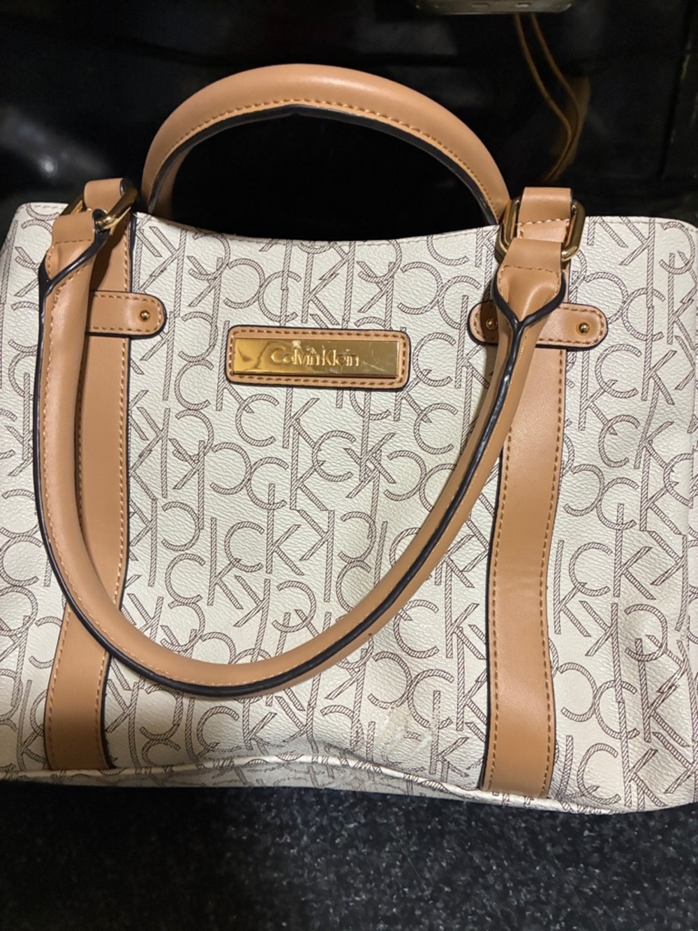 Calvin Klein Cream Monogram Tote with Tan Trim and Gold Plate